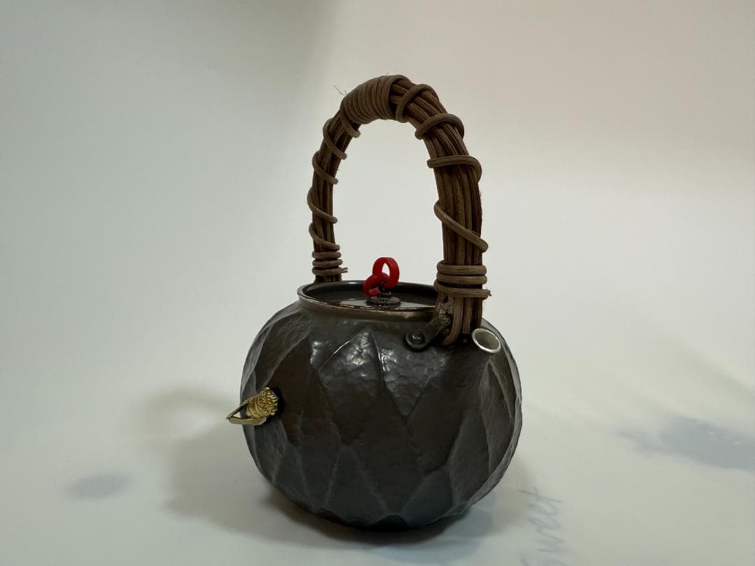 純銀製 カボチャの形 蝉文 藤編み提手 湯沸 銀瓶 煎茶道具