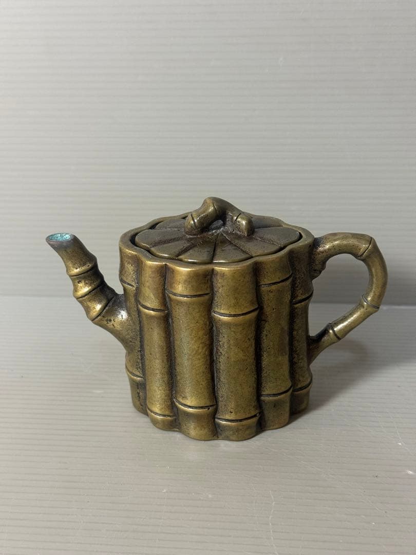 2357 中国骨董　乾隆御製銘　金銅竹節　急須　時代物