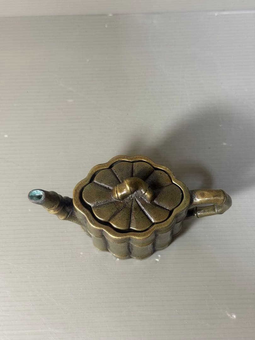 2357 中国骨董　乾隆御製銘　金銅竹節　急須　時代物