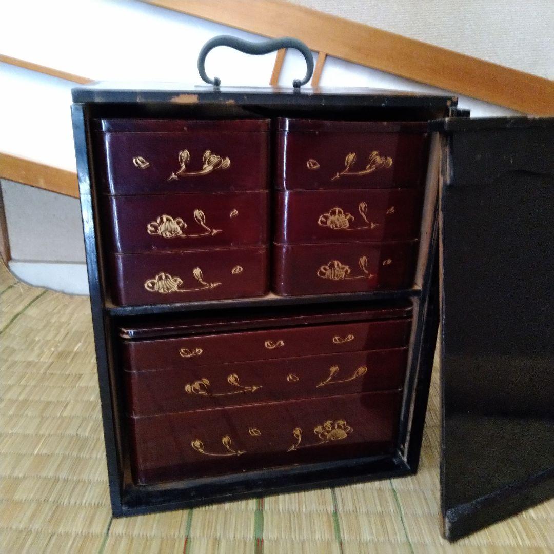 ☘ 明治時代 骨董 漆器 　野弁当　重箱 風景花絵　漆塗内朱　天然木
