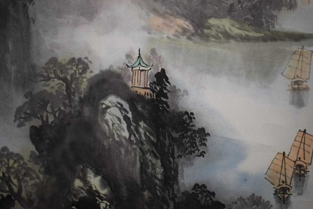 真作/陶君祥/山水帆舟図/中国/布袋屋掛軸HJ-785