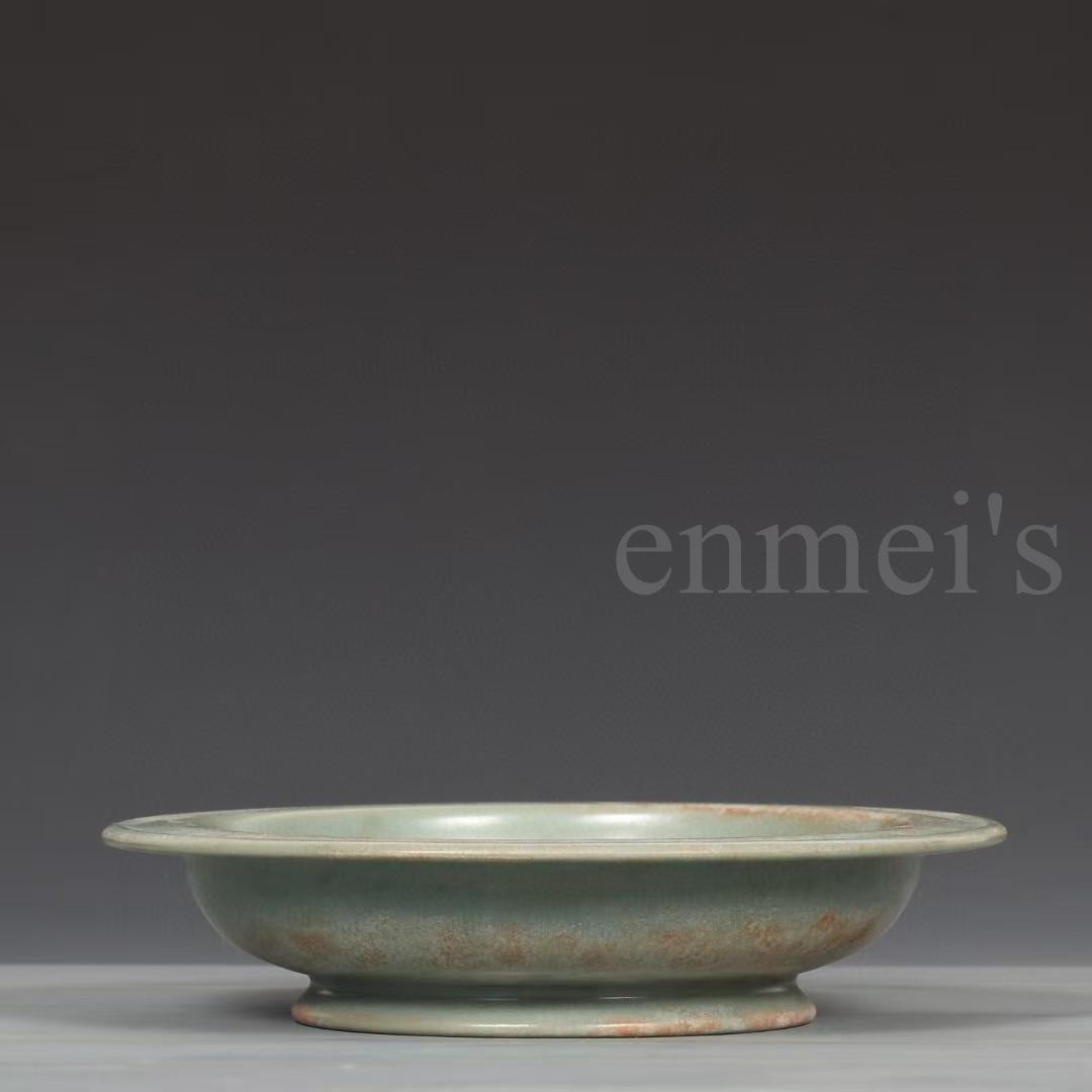 中国古美術・宋汝窯款・天青釉折沿盤・観賞用陶磁器・陶芸・置物・食器・禮品・木箱付