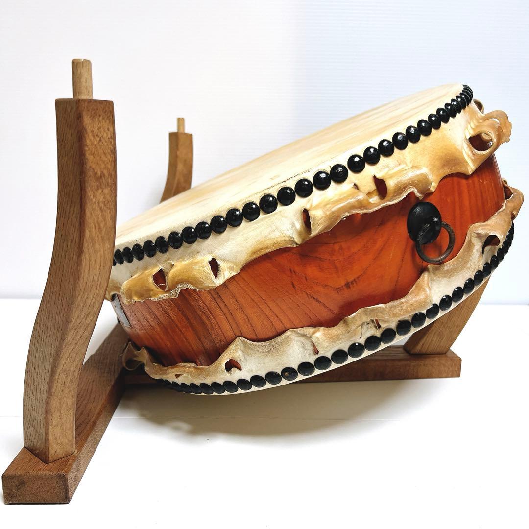【美品】　岡田屋布施 台座　平太鼓 40cm×15cm バチ付き　和太鼓　打楽器