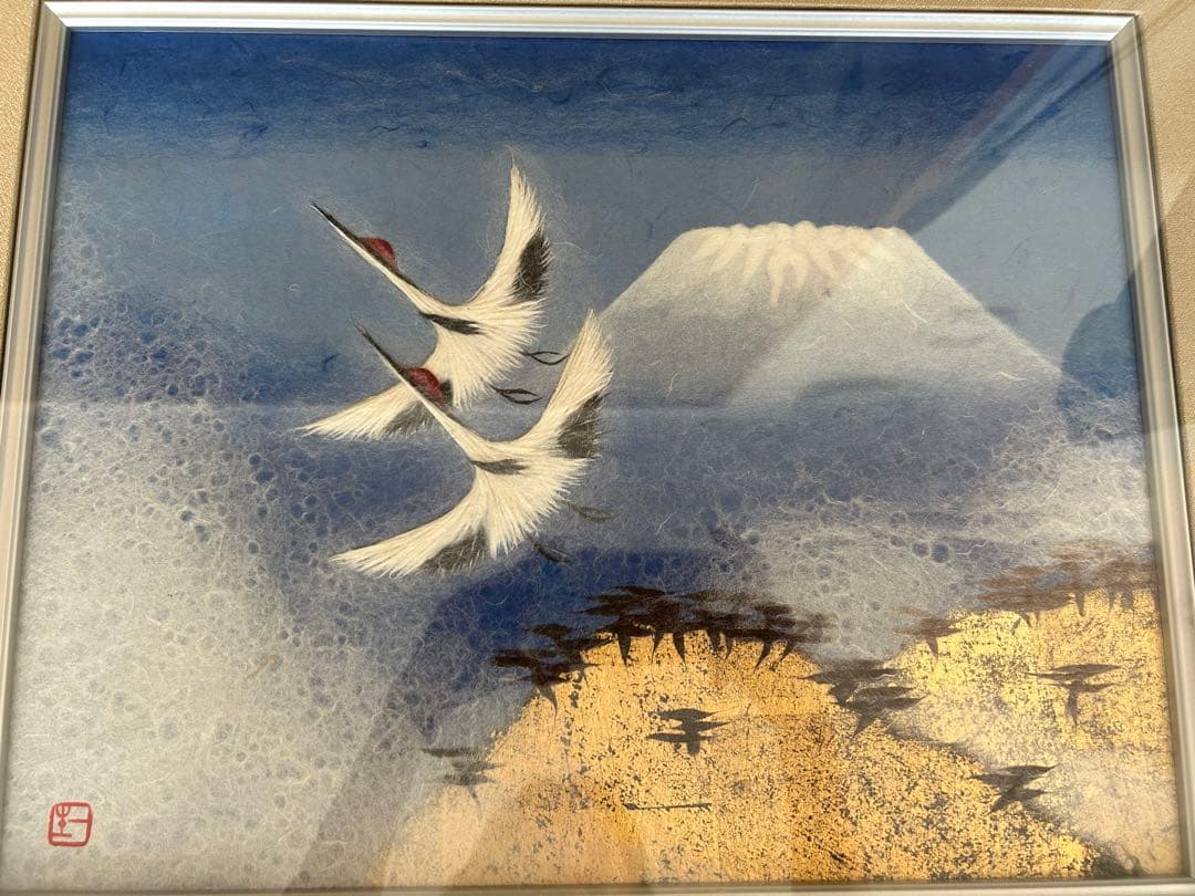 和紙工芸☆小原和紙☆山内一生工房☆縁起物☆鶴☆富士山☆芸術☆絵画☆未使用