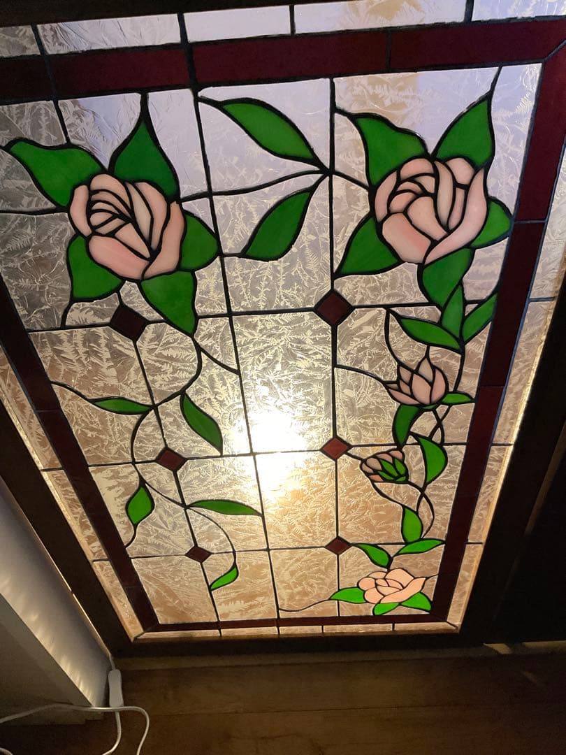 額装 ステンドグラス　薔薇 バラ　窓　アンティーク　ヴィンテージ　大正 浪漫