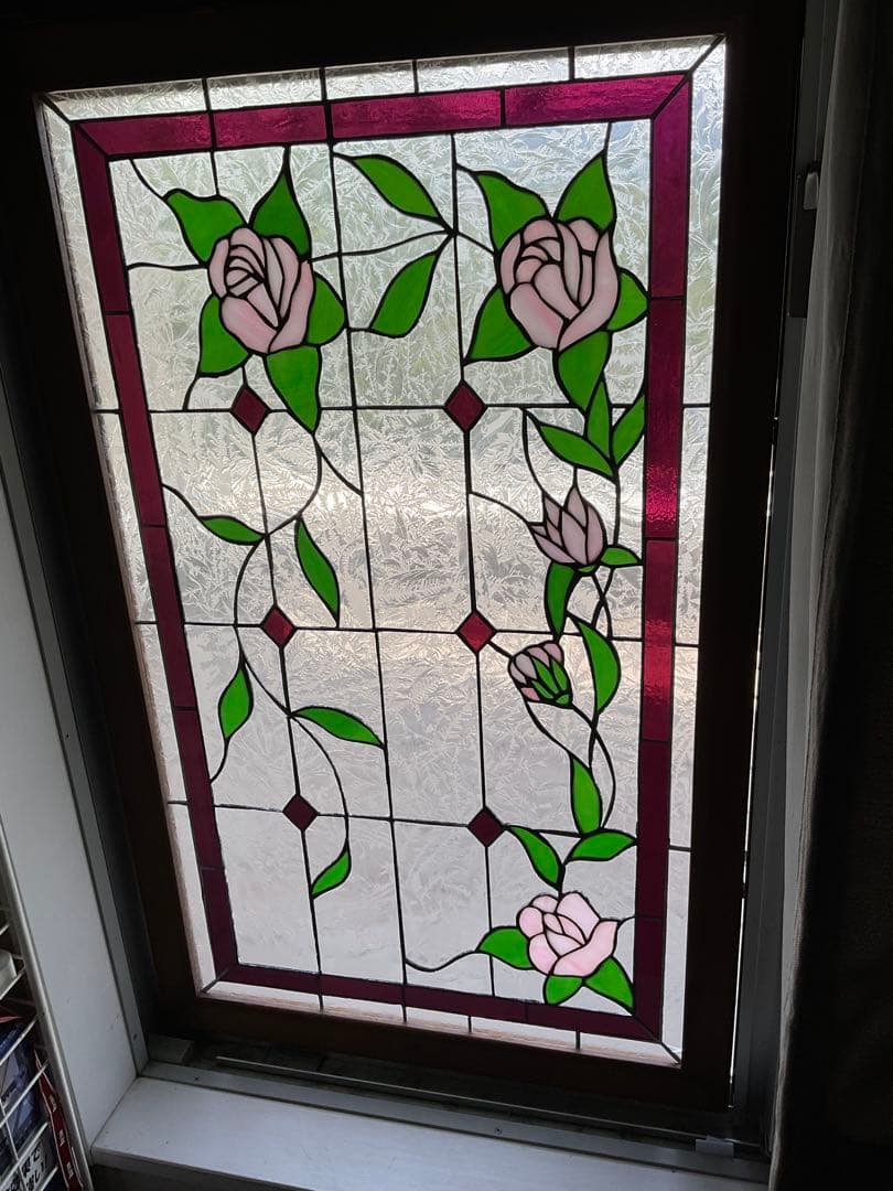 額装 ステンドグラス　薔薇 バラ　窓　アンティーク　ヴィンテージ　大正 浪漫