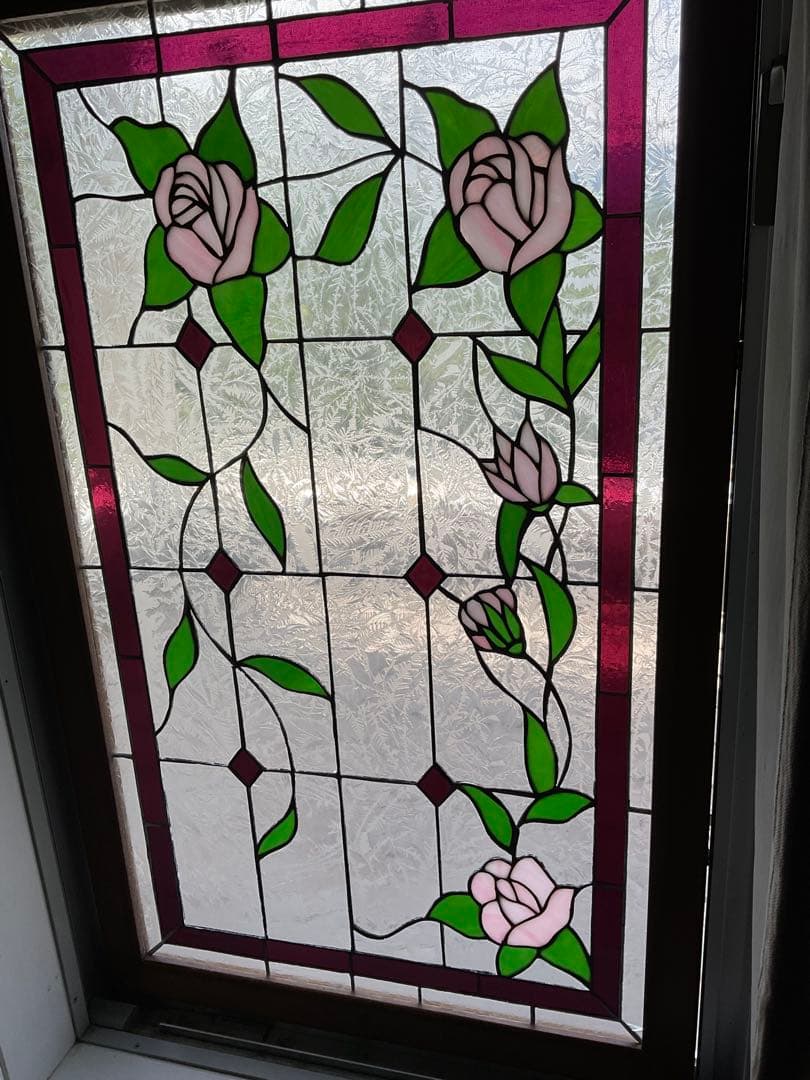 額装 ステンドグラス　薔薇 バラ　窓　アンティーク　ヴィンテージ　大正 浪漫