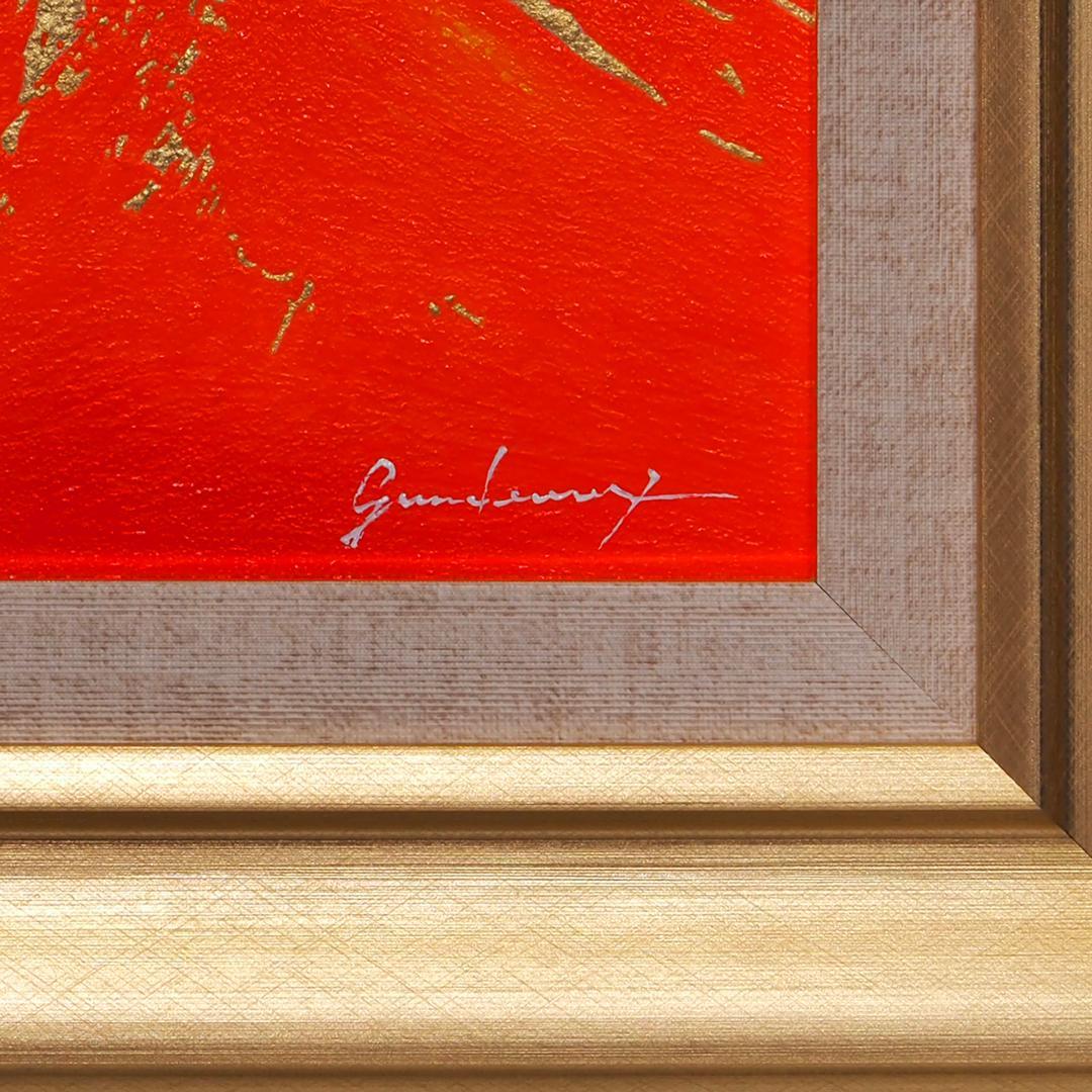 肉筆油絵●富士吉田からの金の赤富士山●がんどうあつし直筆絵画SM油彩額装品