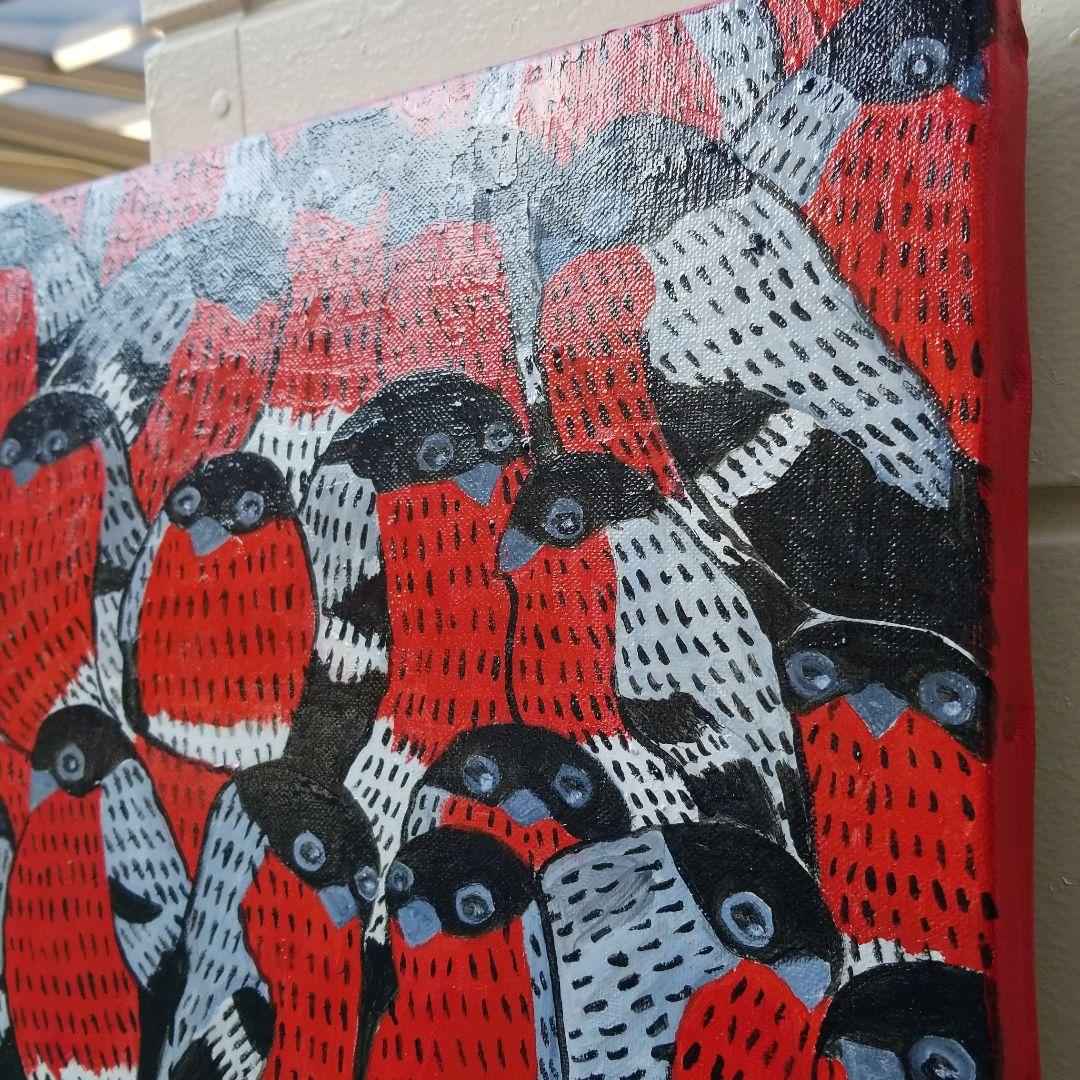 油絵　あらんぼん　仲良く集まるくちばしの小さな鳥たち　密は楽し