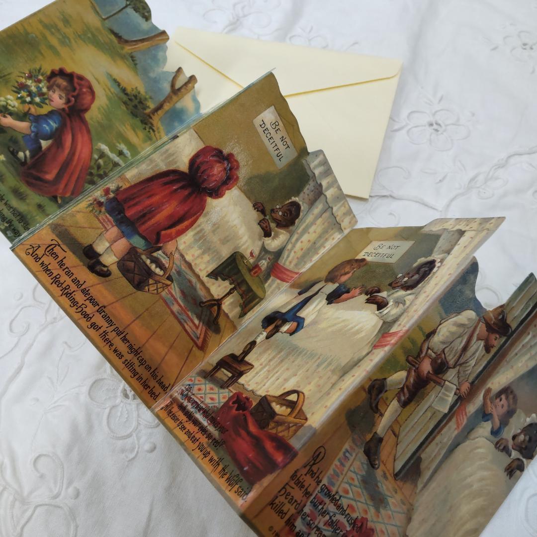 赤ずきん　アンティーク風カード　屏風カード　レッドフード　ブロカント封筒つき