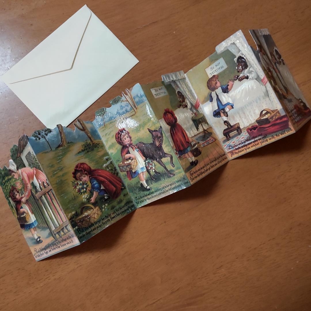 赤ずきん　アンティーク風カード　屏風カード　レッドフード　ブロカント封筒つき