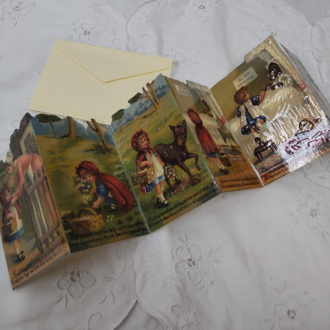 赤ずきん　アンティーク風カード　屏風カード　レッドフード　ブロカント封筒つき