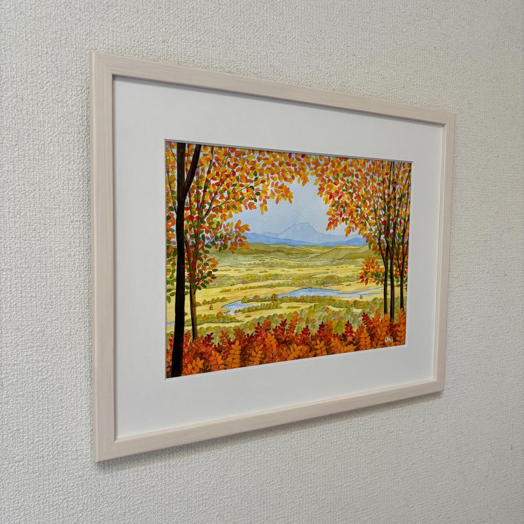 透明水彩画　原画　「釧路湿原・秋01」額縁付き　F4サイズ　風景画