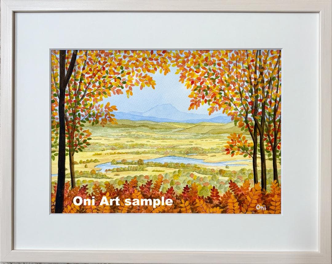 透明水彩画　原画　「釧路湿原・秋01」額縁付き　F4サイズ　風景画