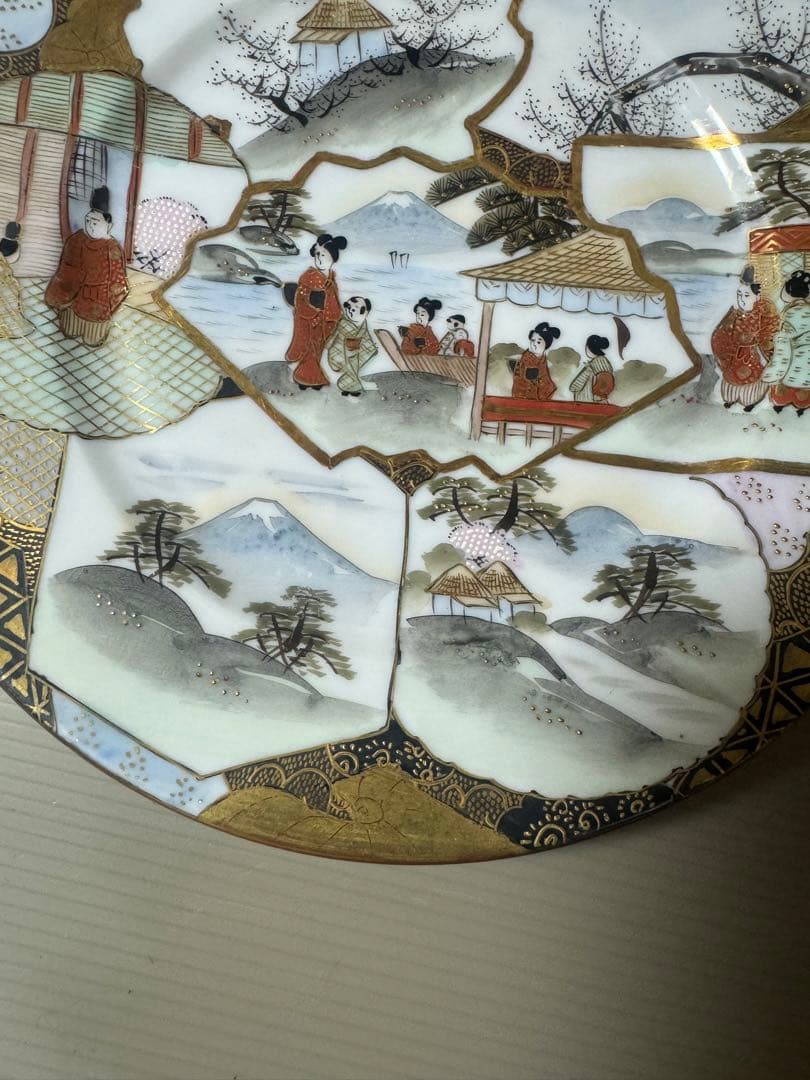 2132 明治時期　九谷焼　加賀亀田製　金彩  赤絵 人物文　皿　5客　時代物