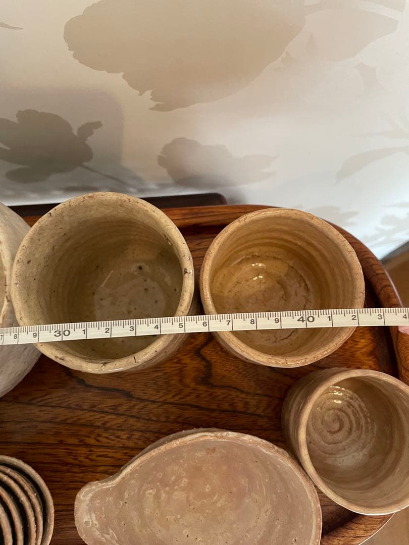 未使用　萩焼　茶道具セット 20点 陶器・木製茶托　 おぼん　トレイ　まとめ売り