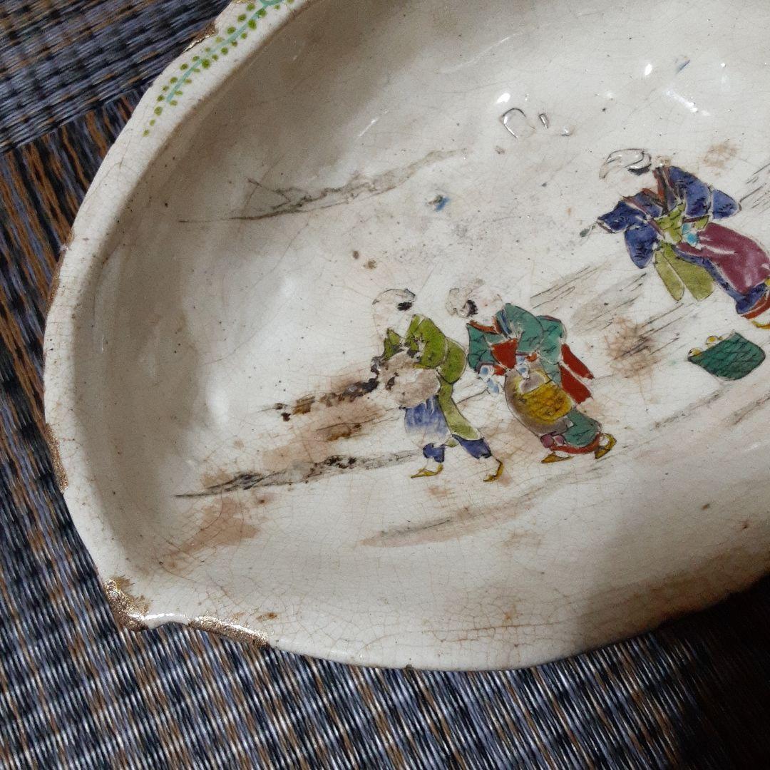 古い伊万里色絵鮑変形皿/金継江戸明治骨壷/手描五十三次囃子大原女/栄螺貝大鉢皿
