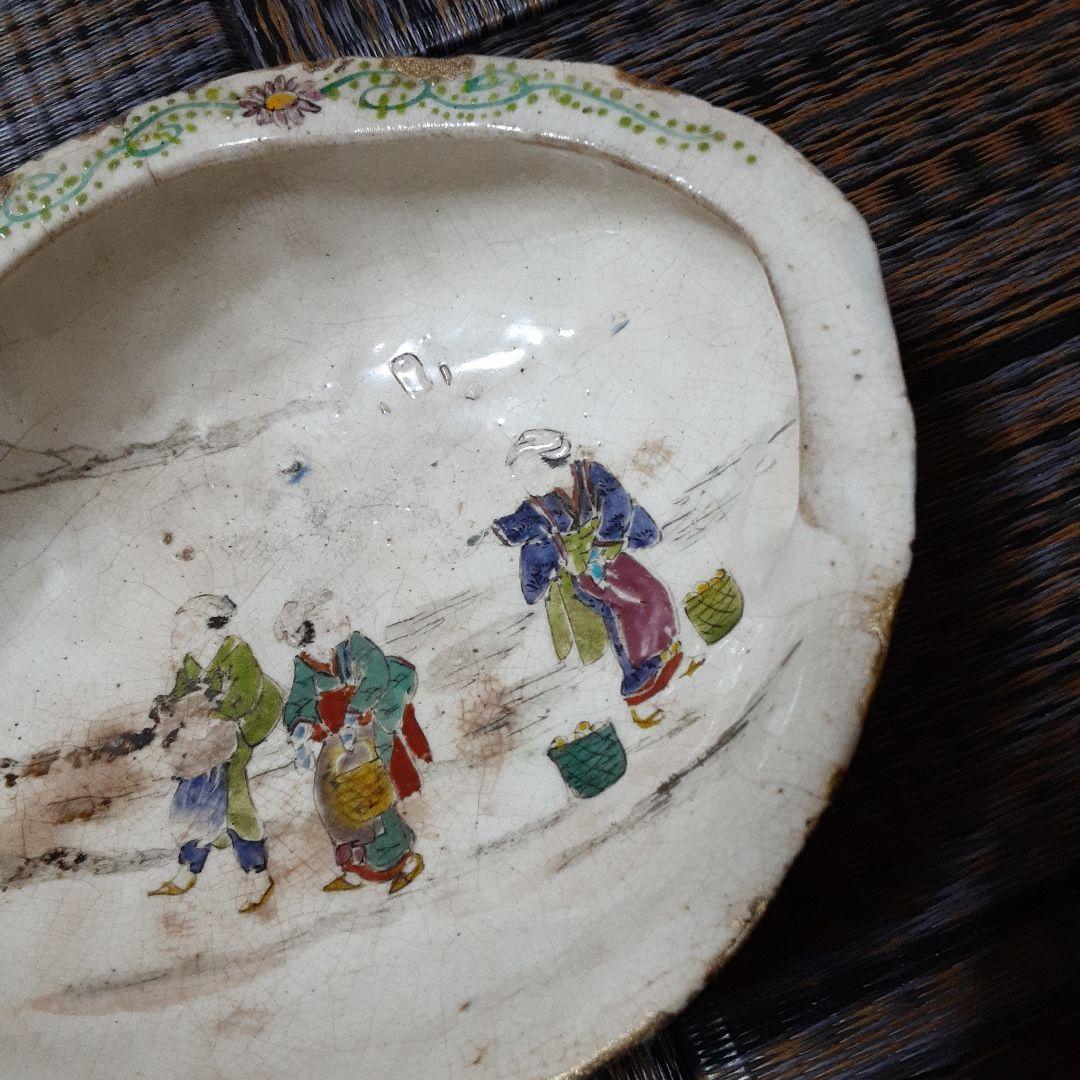 古い伊万里色絵鮑変形皿/金継江戸明治骨壷/手描五十三次囃子大原女/栄螺貝大鉢皿