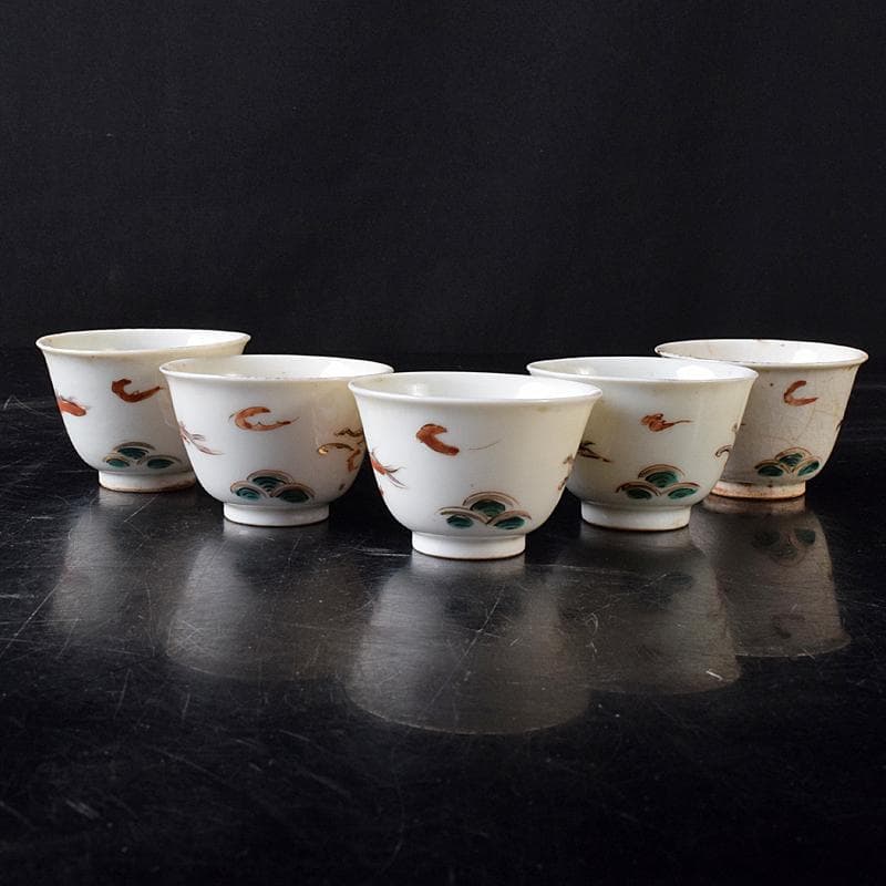 中国　南京赤絵　雲龍文　煎茶碗　五客　時代箱付　D　R8753