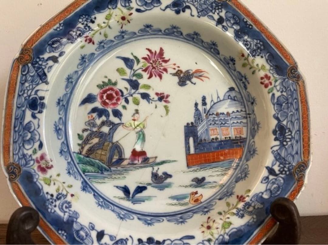 中国古美術品　清の乾隆時代　青花粉彩人物皿　本物保証 22cm