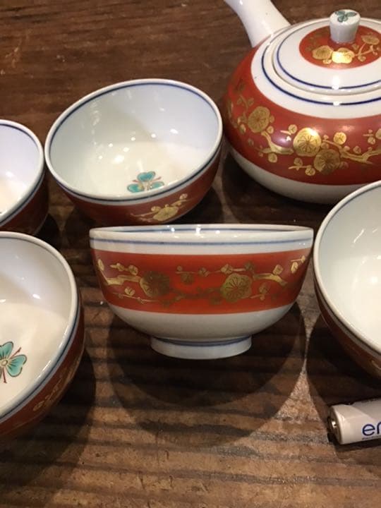 吉田美統　錦山銘　赤地金蘭手茶器揃え　茶具　人間国宝