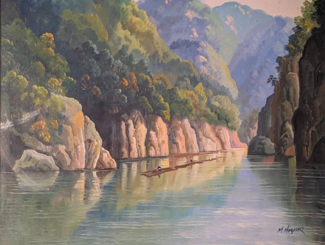 【真作】絵画　油彩10号　渓谷の舟行　雄大な山水と静けさの漂う風景画　Y52