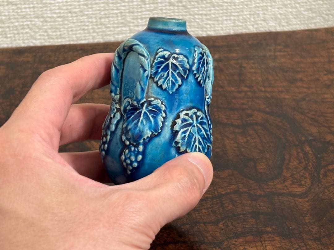 李朝　総瑠璃釉 葡萄文小壷 /骨董 古美術 壺 茶道具 唐物 染付 古玩