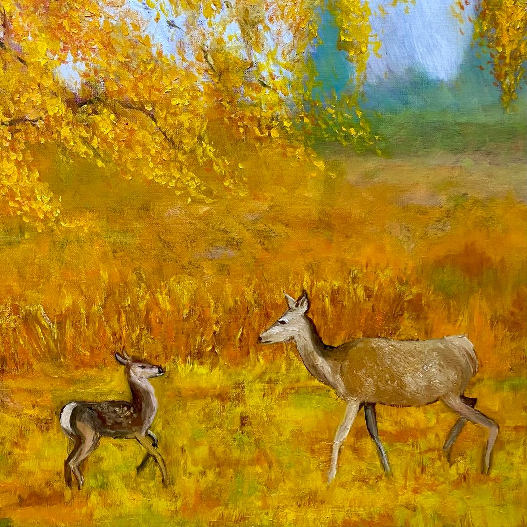 鹿の親子 F25油彩画 風景画 絵画 oil painting art