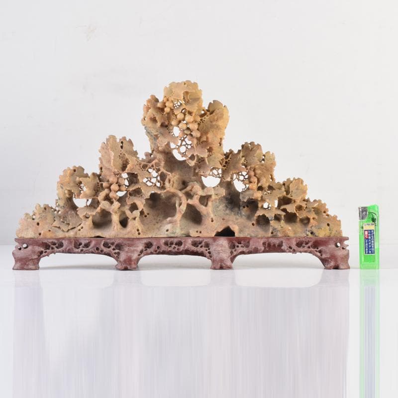 中国　玉石蝋石青田石　楼閣山水雕　床飾　置物　C　6952A