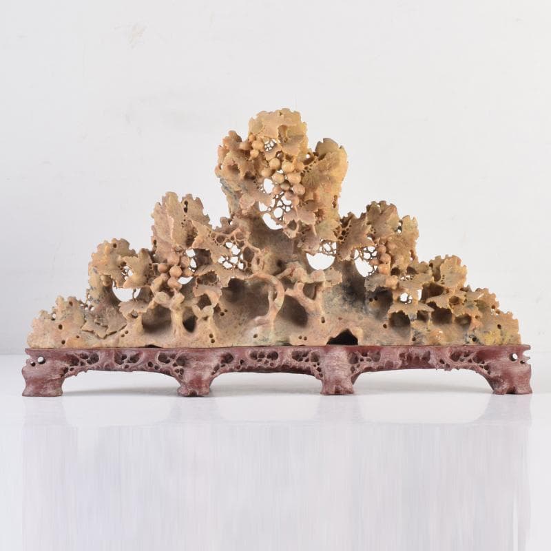 中国　玉石蝋石青田石　楼閣山水雕　床飾　置物　C　6952A