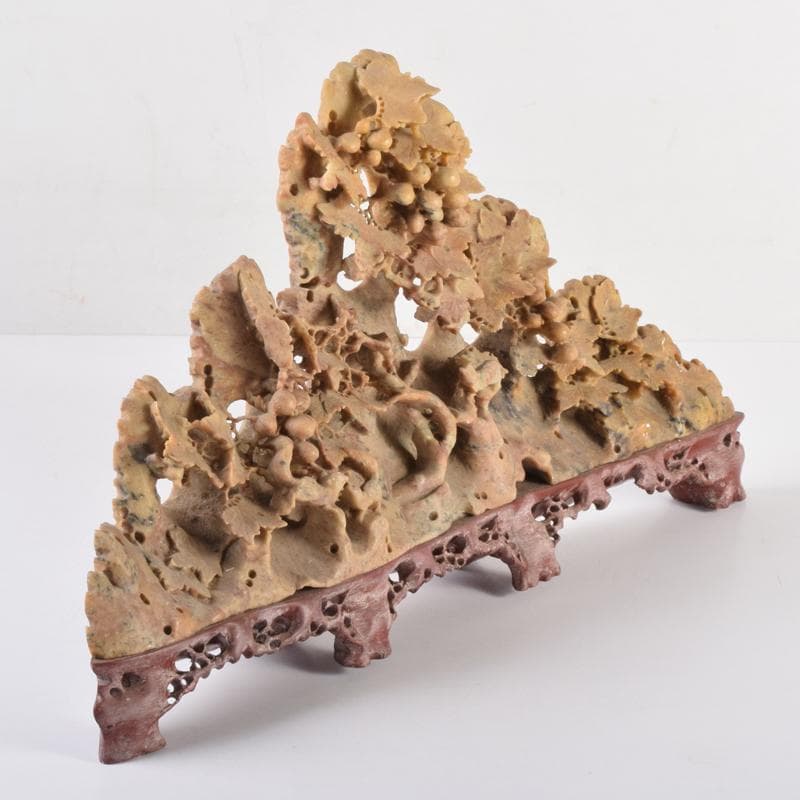 中国　玉石蝋石青田石　楼閣山水雕　床飾　置物　C　6952A