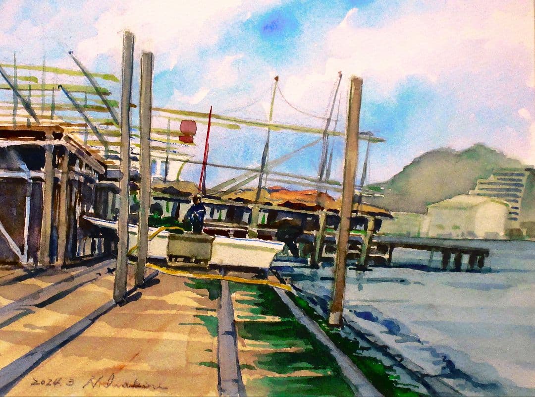 港の風景 水彩画 2023年制作 原画 F6号 額装済み