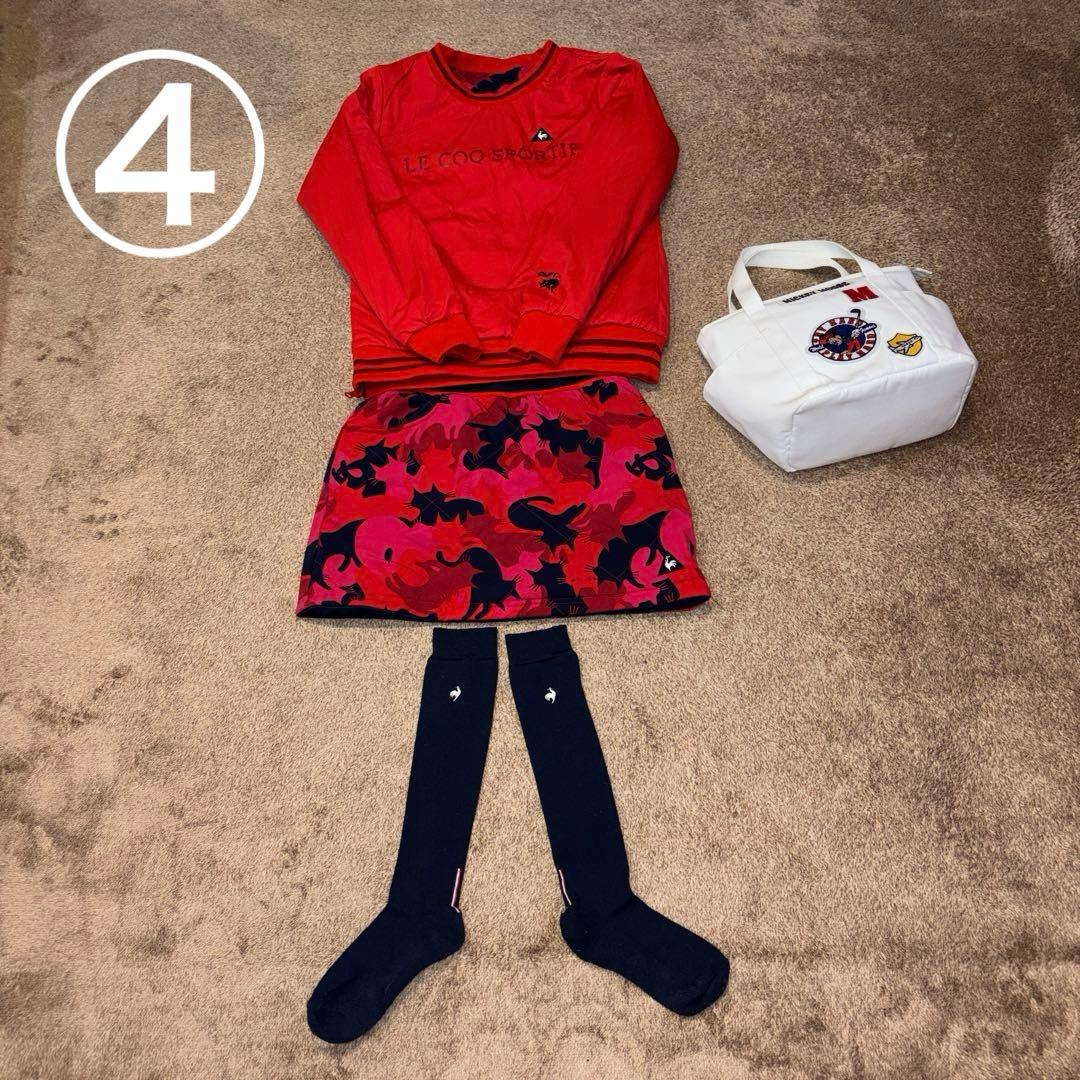 ルコックゴルフ4WAY猫柄/赤中綿スニードと猫柄/紺色中綿スカートセットアップM