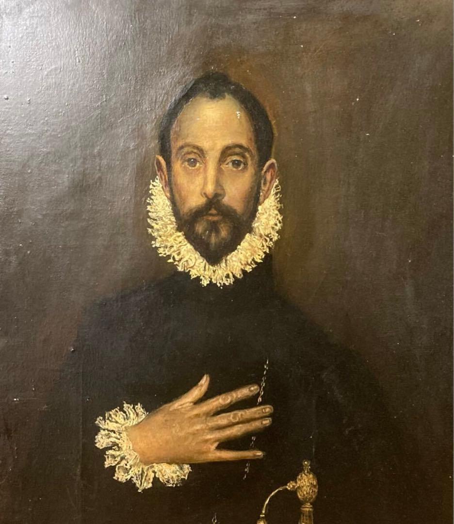 「胸に手を置く騎士」エル・グレコ F25号 大型油彩 アンティーク額縁