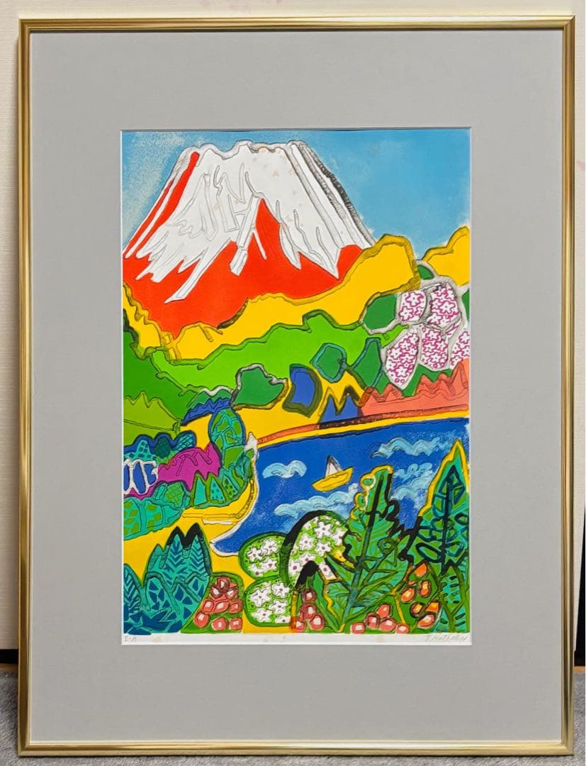 【真作】　片岡球子　版画　限定100部　リトグラフ　本人サイン　　赤富士　生前作