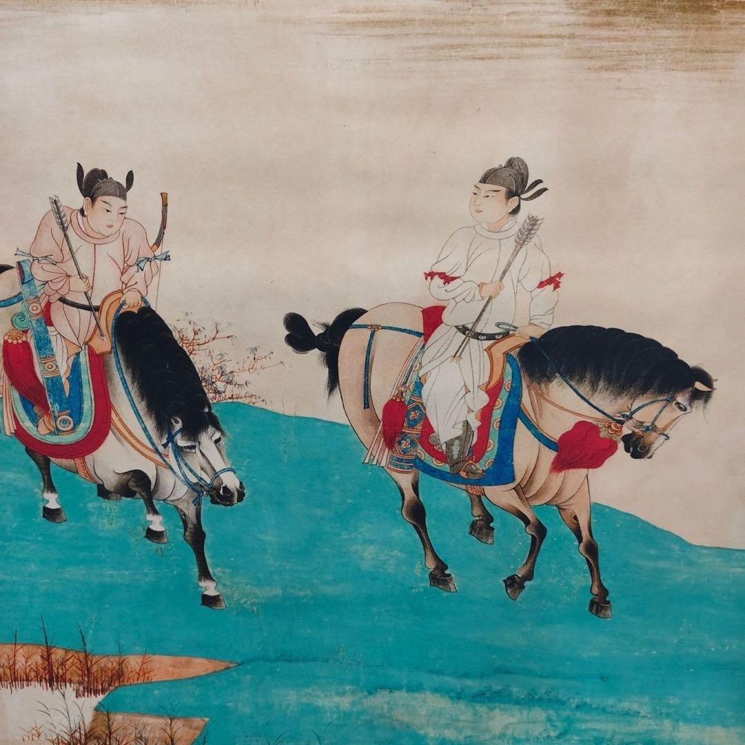 中堂 掛け軸 張大千 騎馬 唐人行猟 人物画 中国画 山水人物