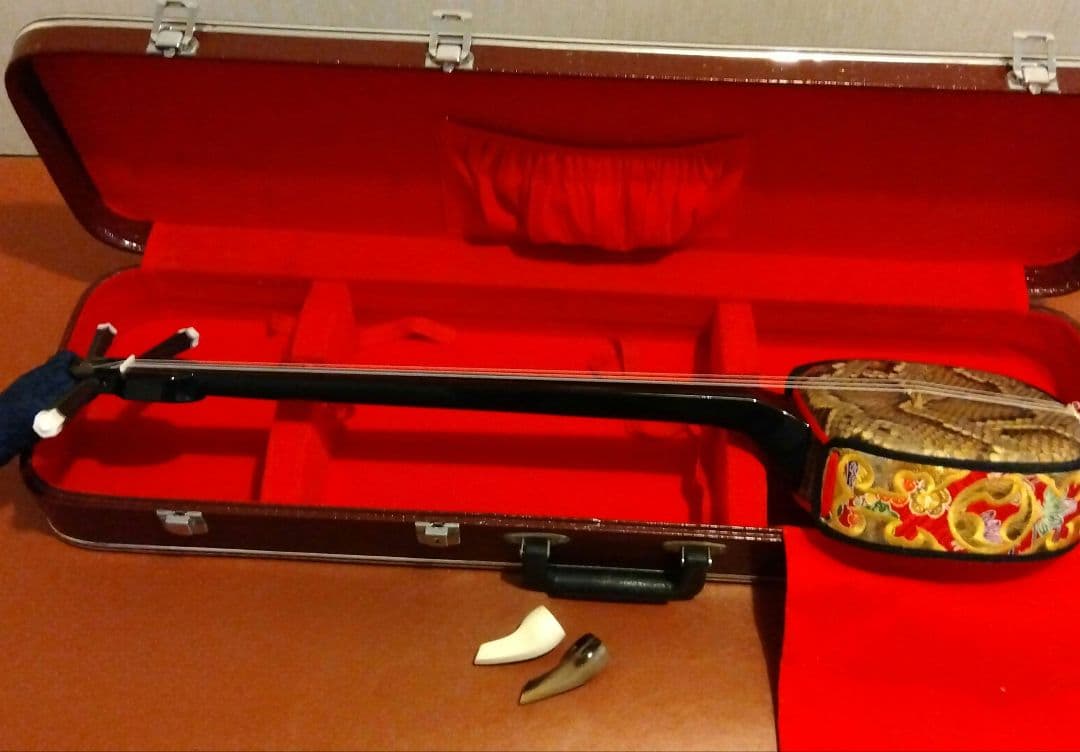 三線本体 蛇皮 金色刺繍 ケース付き