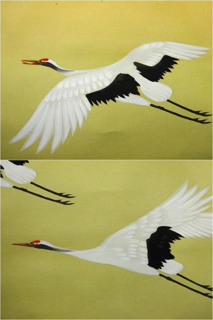 【真作】掛軸 田上芳泉『旭日鶴』日本画 絹本 肉筆 共箱付 掛け軸 p06219