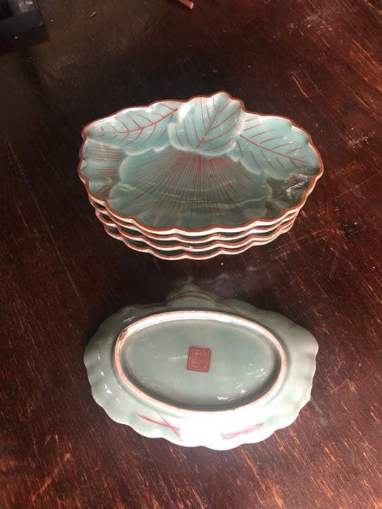 古九谷青磁牡丹形向付五人前 値下げしました