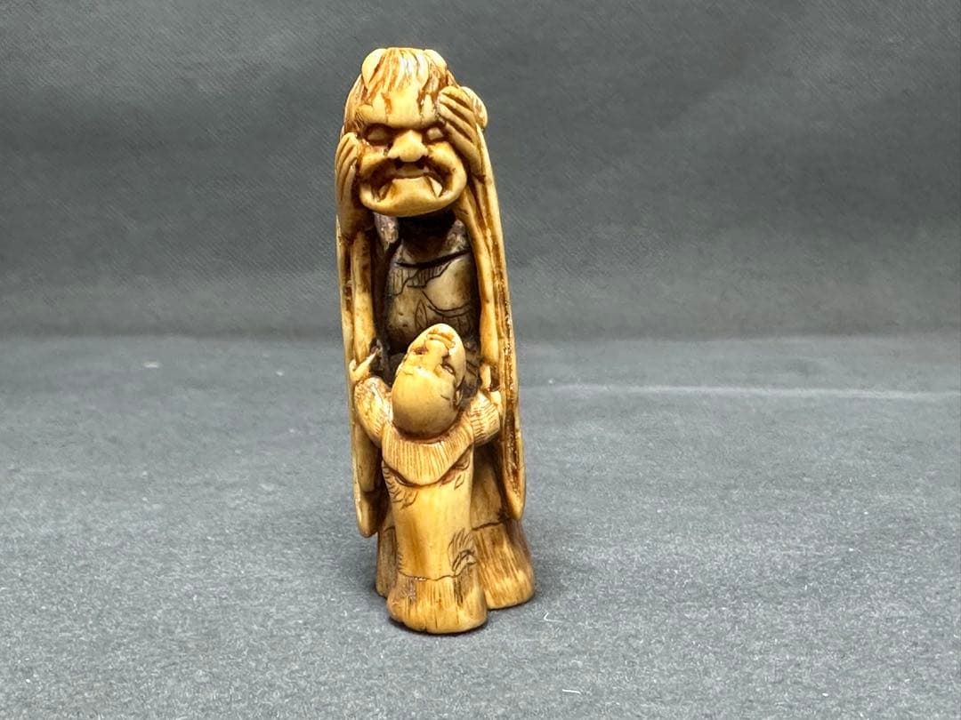 極上　根付　面と唐子　天然素材　アンティーク　和彫　置物　骨董　飾り物　古美術品