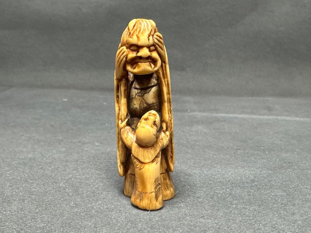 極上　根付　面と唐子　天然素材　アンティーク　和彫　置物　骨董　飾り物　古美術品
