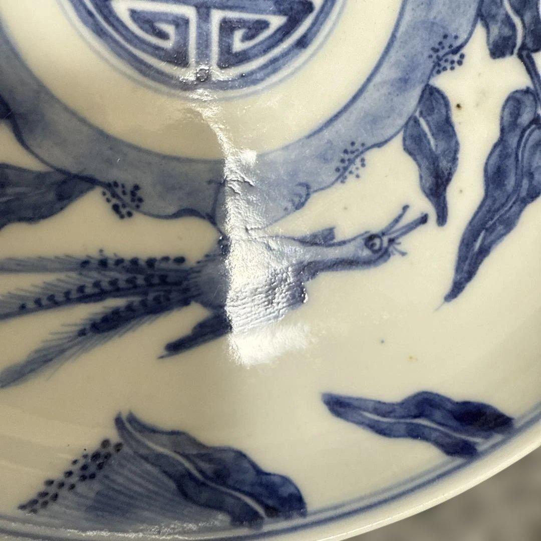 古美術　大明成化年製　青花染付け　野鳥　花中皿　1464年〜1487年作品