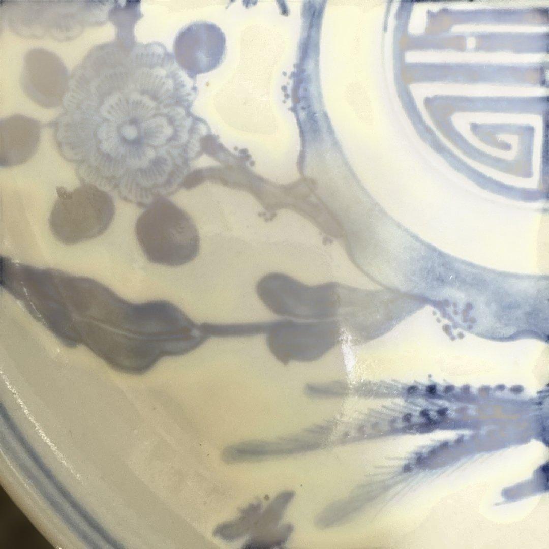 古美術　大明成化年製　青花染付け　野鳥　花中皿　1464年〜1487年作品