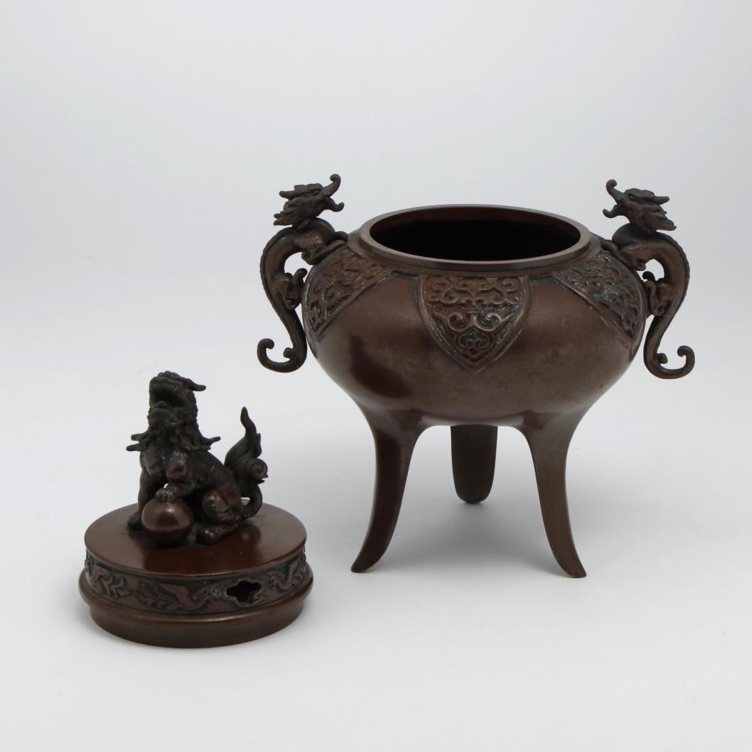 Bg1637 高岡銅器 長足菖蒲獅子蓋 香炉 伝統美術工芸品 骨董品 銅製