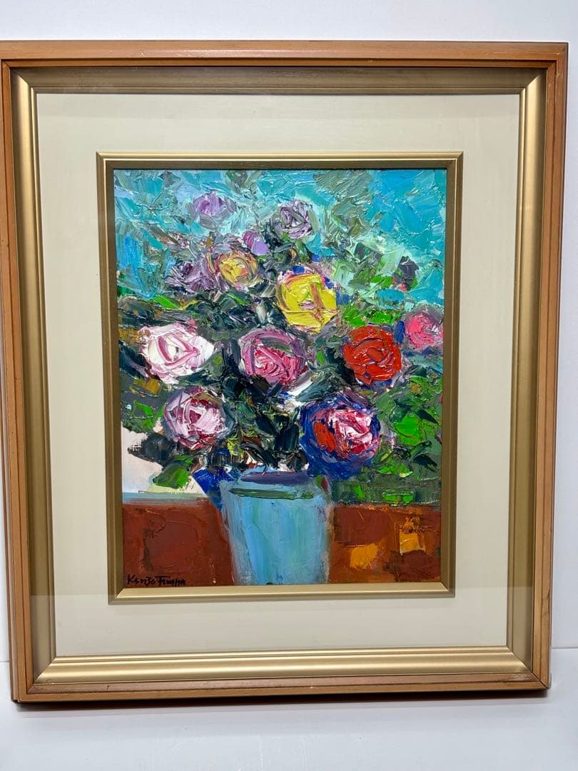 ケ*ん様 #藤田謹三「ばら」1970年 油彩画 額装 直筆サイン