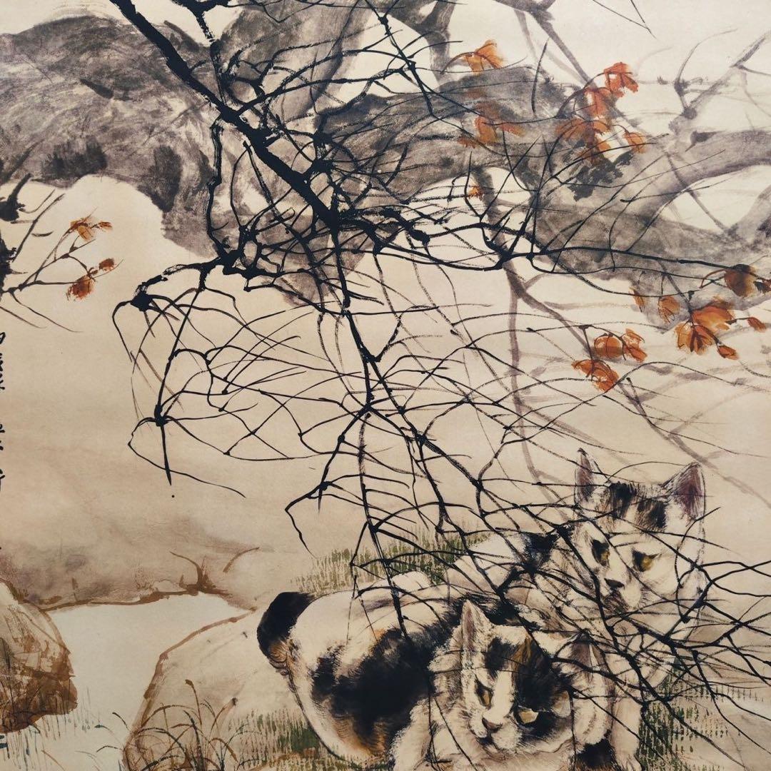 劉奎齢作・猫と魚図 中堂掛軸　宣紙　掛軸仕立て済　180×70cm