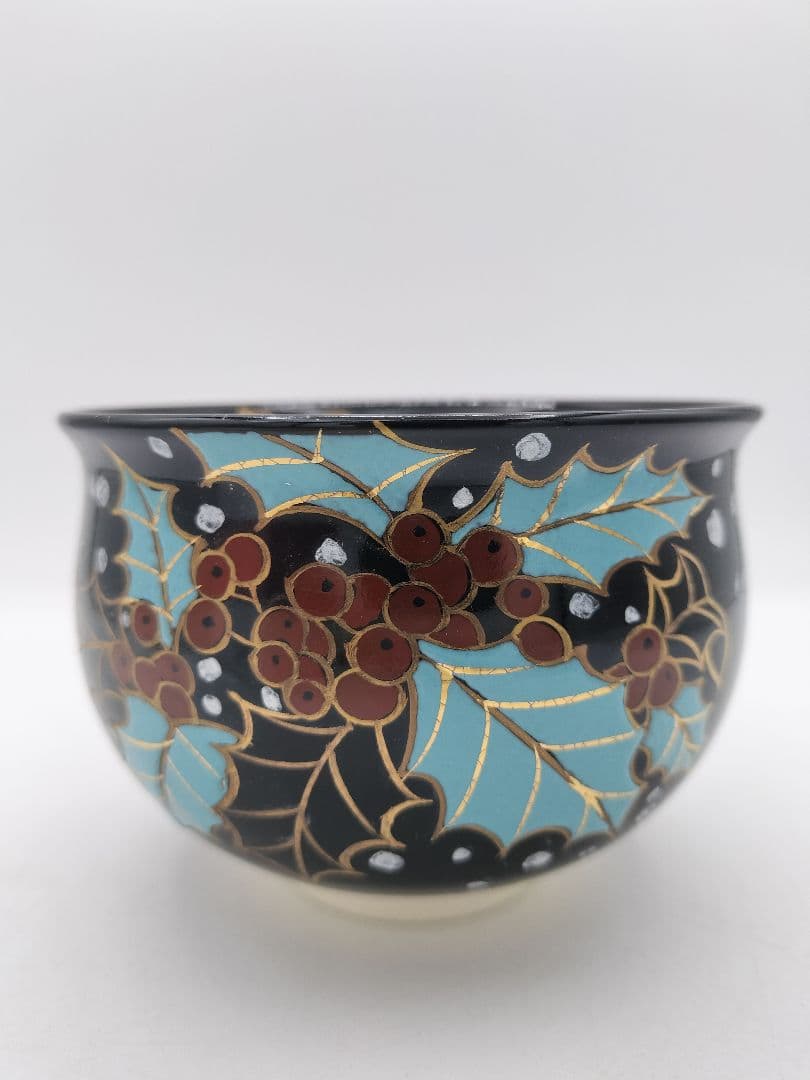 c410【新品・未使用】茶碗 黒仁清 柊に雪 水出絢 紙箱 茶道具