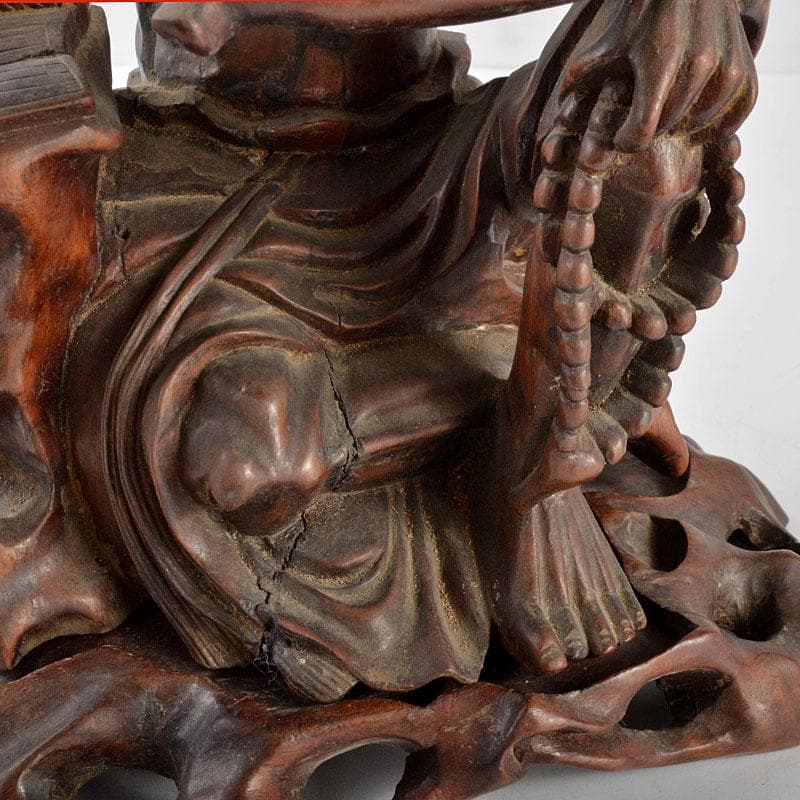 中国　唐木黄楊木 彫刻　達磨像　人物像　置物　台付　H　R4819