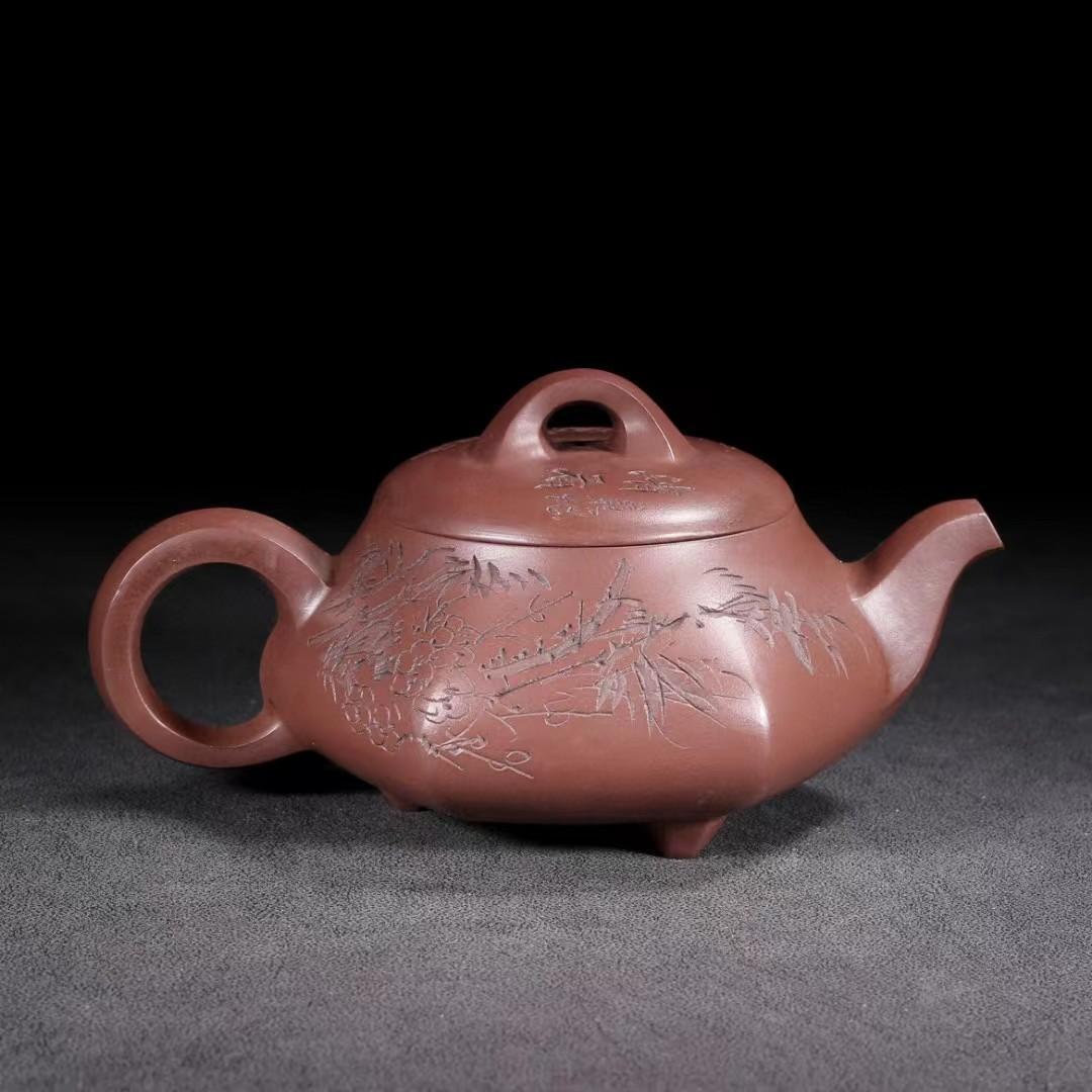 中国古美術・六方紫砂壺・底款：武陵の芸人・宜興原鉱・赤泥急須・茶壺・茶道具・置物
