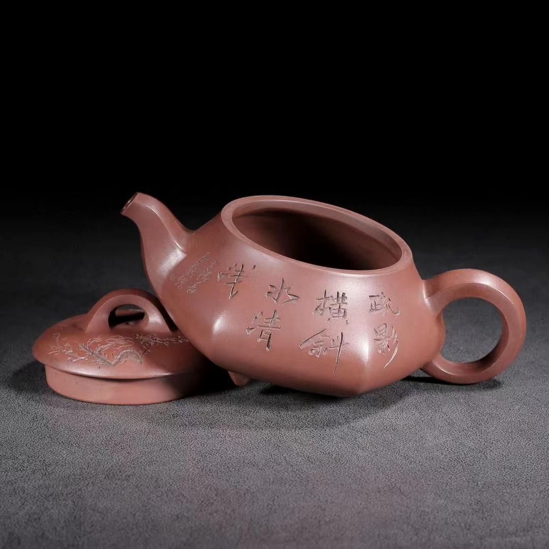 中国古美術・六方紫砂壺・底款：武陵の芸人・宜興原鉱・赤泥急須・茶壺・茶道具・置物
